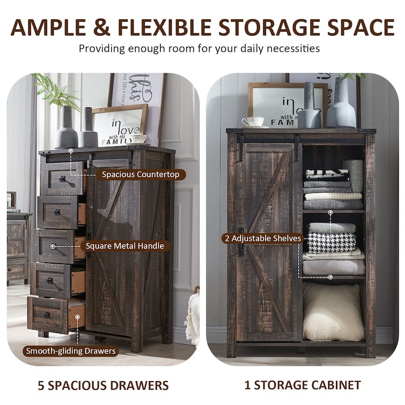 Farmhouse 5 Drawers Dresser, Vintage Chest of Drawers with Barn Door