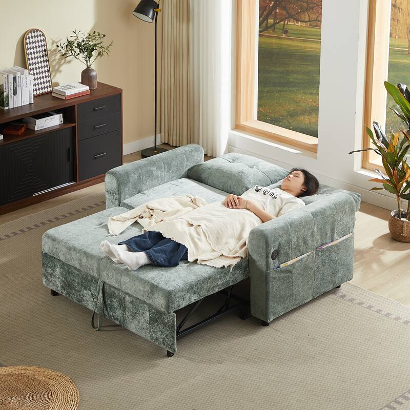 Anmytek Convertible Loveseat Sofa Bed with USB Ports and Adjustable Backrest Tufted Sleeper in Green