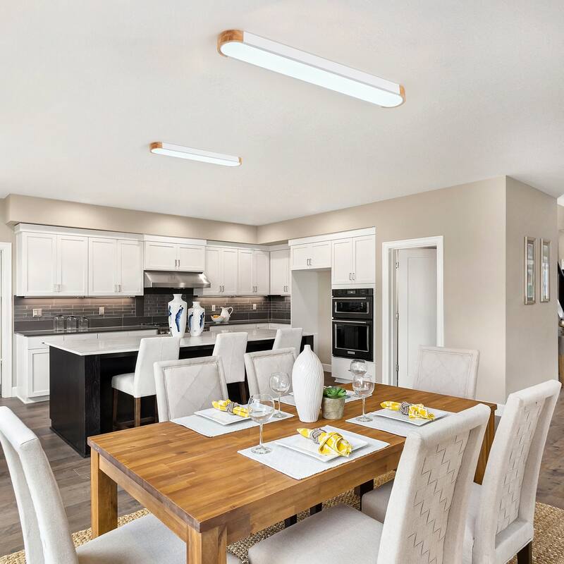 Modern Wood Grain Linear Flush Mount Ceiling Light Matte White LED Fixture for Bedroom Living Room Kitchen - N/A