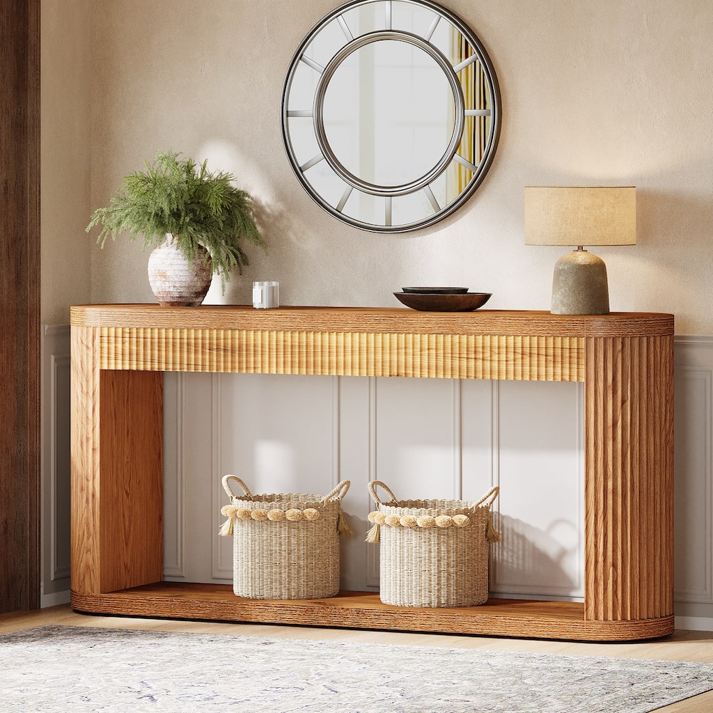 63" Oval Console Table, Wood Entry Desk with Waveform Fluted Design