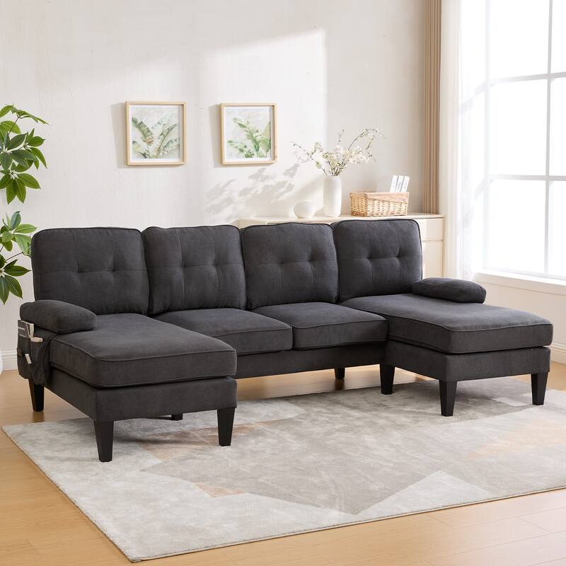 HOMEFUN Linen Upholstered U-Shaped 4-seater Tufted Wood Frame Sectional Sofa with Side Pocket - Grey