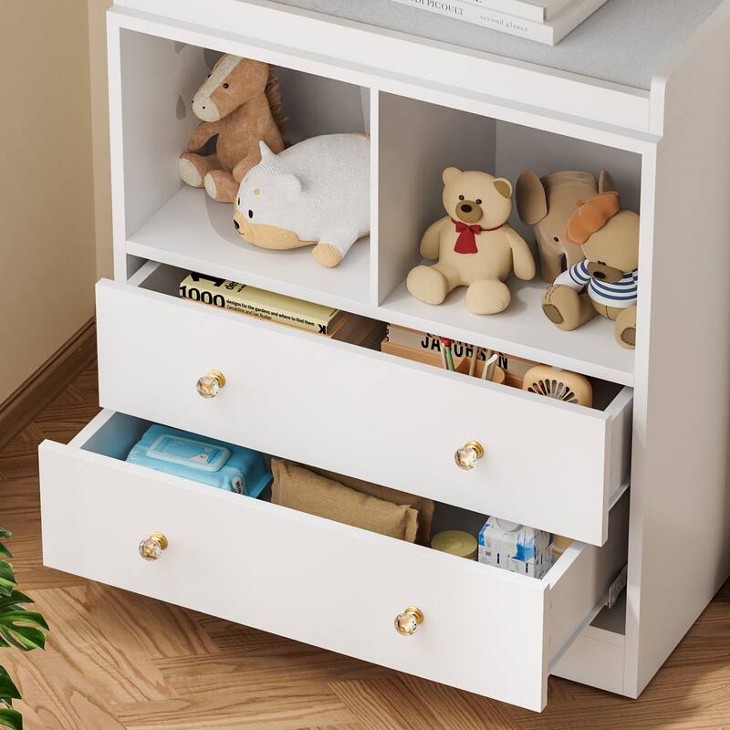 Changing Table With Pad, Modern Changing Station With 2 Drawers and 2 Open Compartments