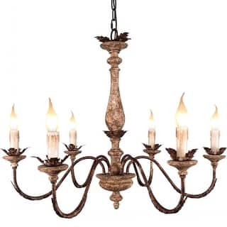 6-Light Distressed White Farmhouse Wooden Chandelier French Country Rustic Candle Chandelier for Dining Room Living Room