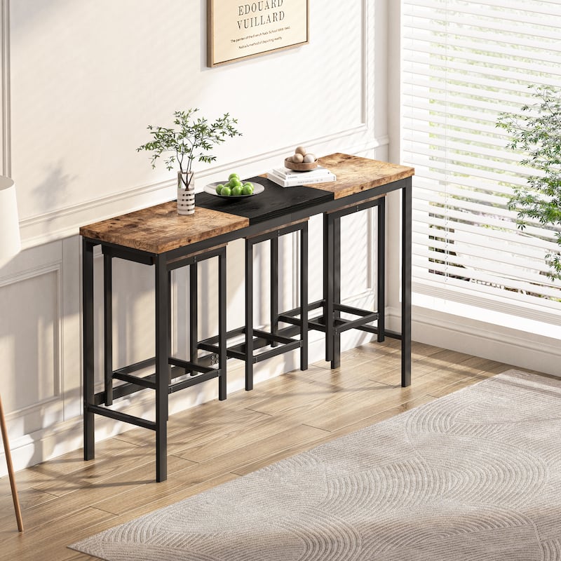 Kitchen Dining Table, Pub Table, Long Dining Table Set with 3 Stools, Convenient Hanging Stool Design