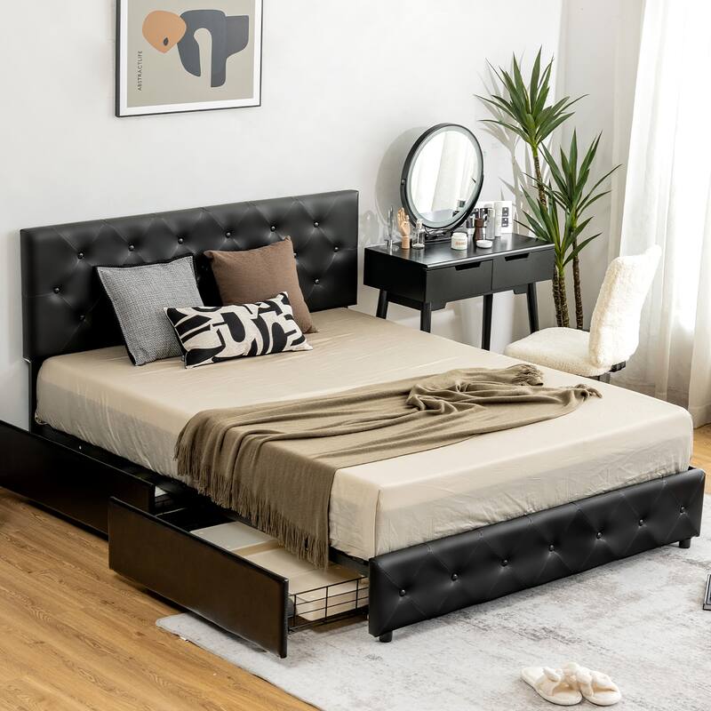 Costway Upholstered Platform Bed w/ 4 Drawers PU Leather Button Tufted