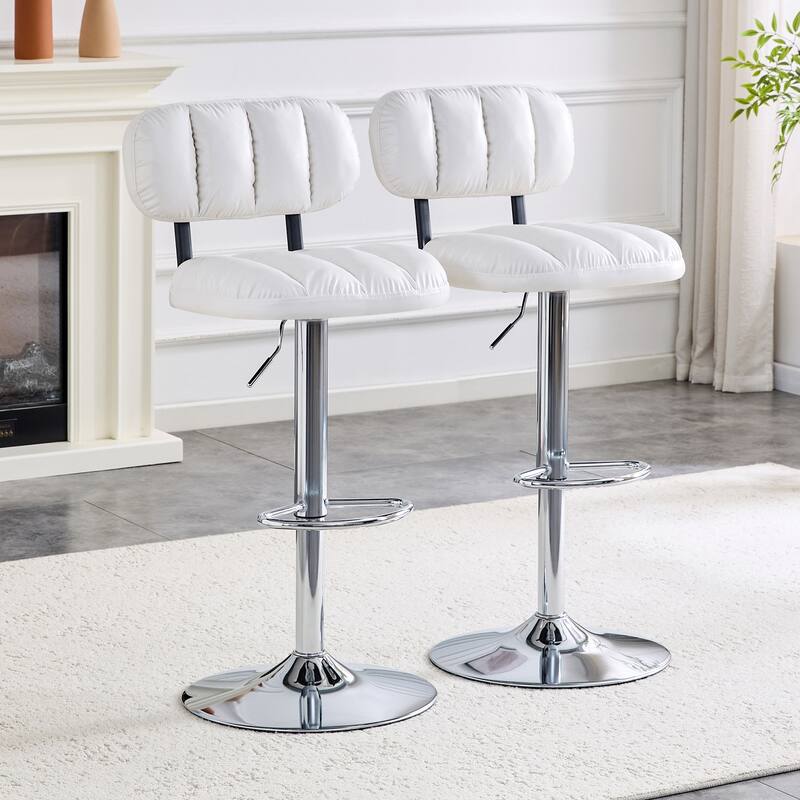 PU Leather Upholstered Bar Stools Set of 2, Adjustable Height Swivel Bar Stools, Dining Chairs with Chrome Base & Footrest - White+Silver