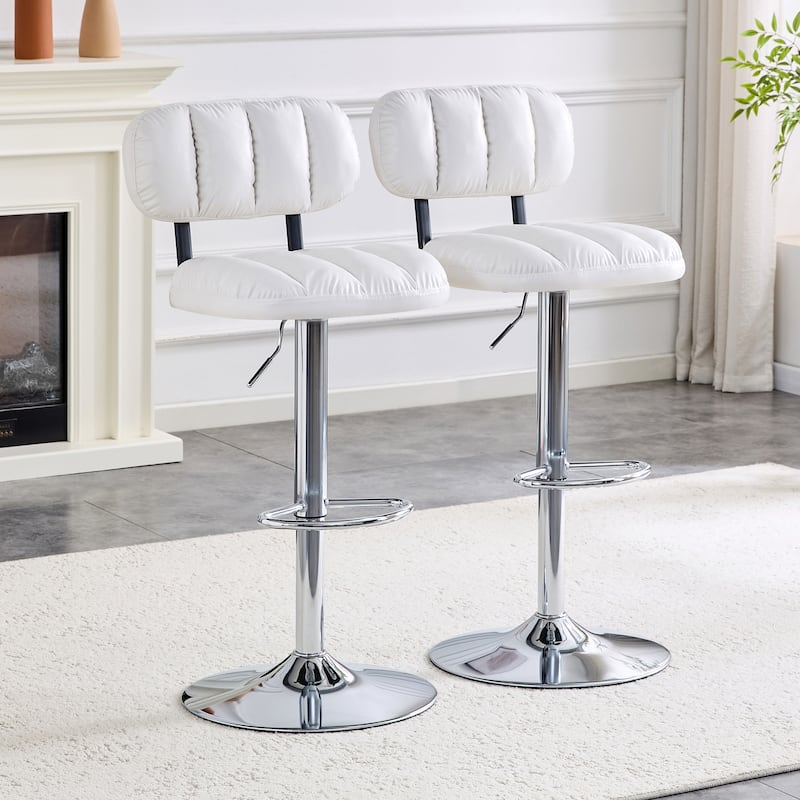 Set of 2 Adjustable Height Bar Stools, PU Leather Upholstered with Chrome Base & Footrest, Modern Comfortable Stools