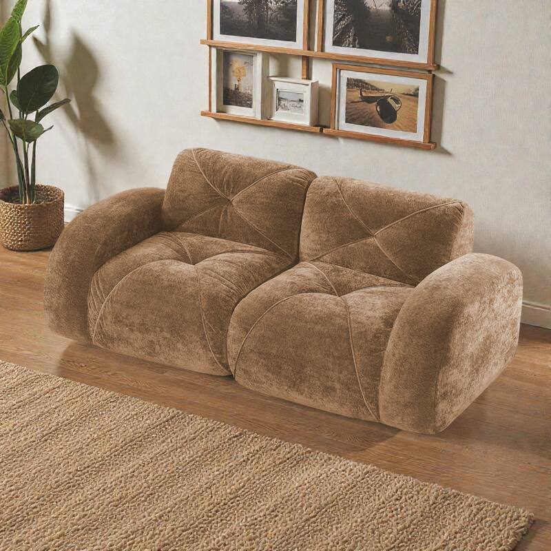 2 Seater Tufted Velvet Sofa, Boneless Cloud Couch with 32D High Density Foam, No Assembly Living Room Sofa - Camel