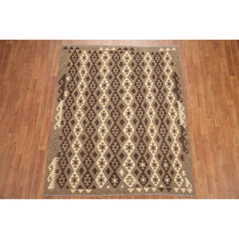 Hand Woven Oriental 100% Wool Carpet Southwestern All-Over Brown Kilim Area Rug - 6' 5'' X 5' 2''