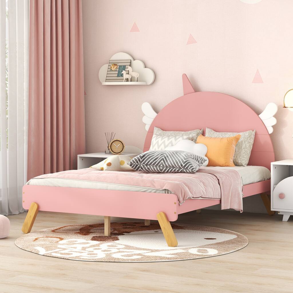 Wooden Cute Bed With Unicorn Shape Headboard