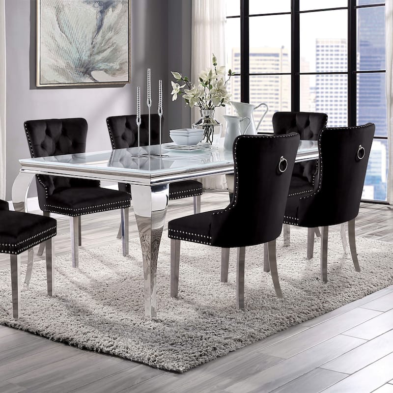 Furniture of America Pizo Glam 79-inch Chrome Leg Glass Top Dining Table