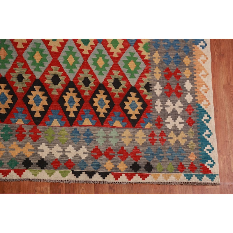 Geometric Multi-Color Kilim Oriental Large Rug Flatweave Wool Carpet - 10'0"x 16'1"