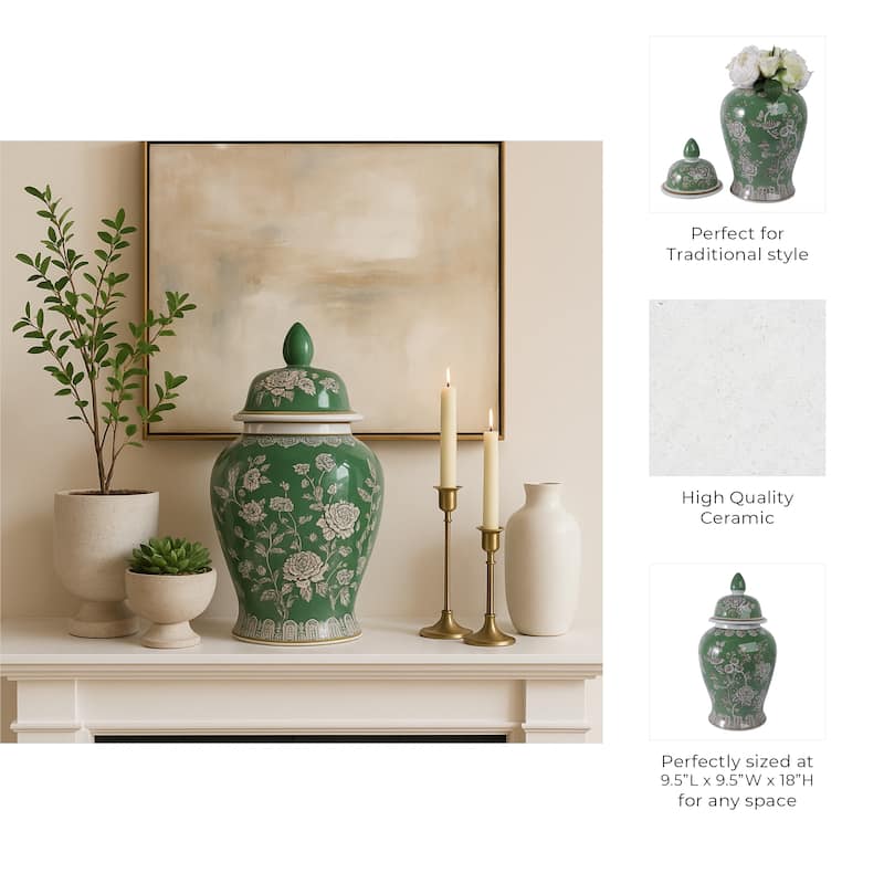 Decorative Bird and Flower Temple Jar with Lid