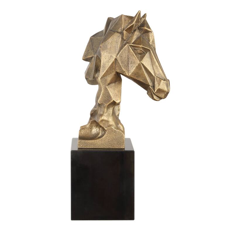 Geometric Faceted Horse Bust with Marble Base - 13.25" - Antique Gold Finish