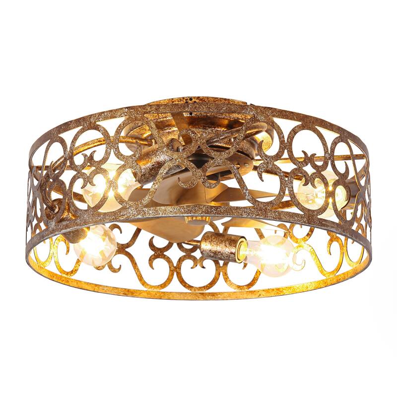 18-inch Rustic Gold Metal Caged Flush Low Profile Celing Fan with Remote and APP Control
