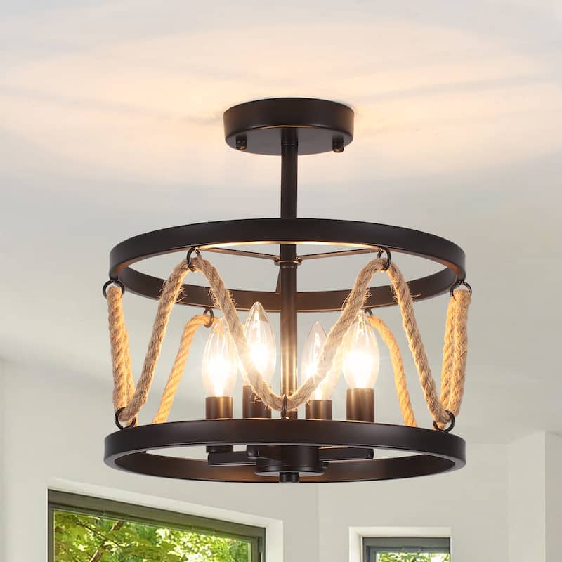 4-Light Hemp Rope Semi- Flush Mount with No Bulbs Included - Black