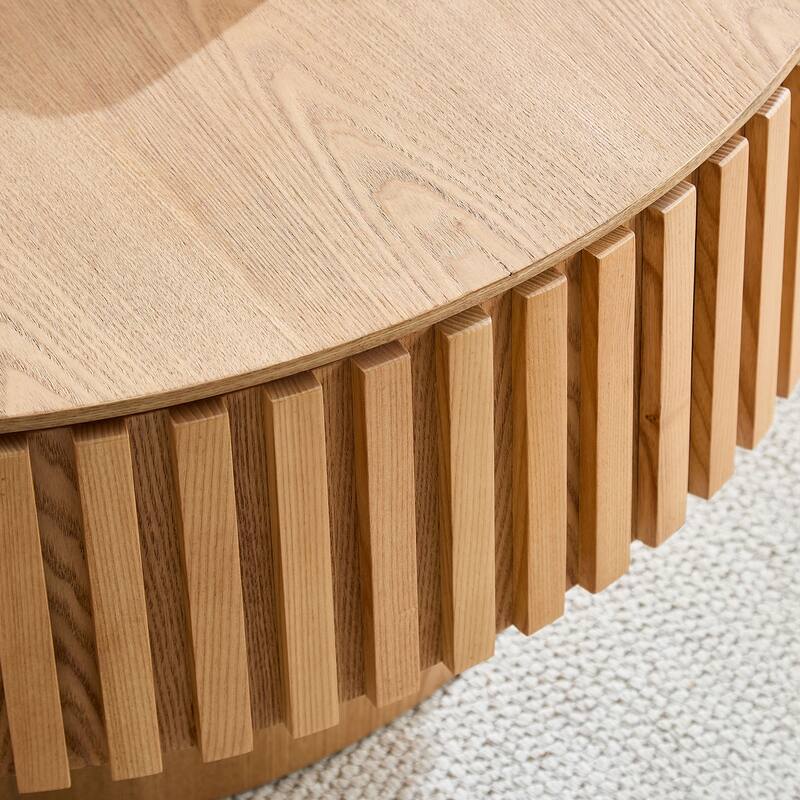 31.5" Round Wood Coffee Table with Storage, Modern Handcraft Drum Coffee Table, Stylish Circle Wooden Center Table