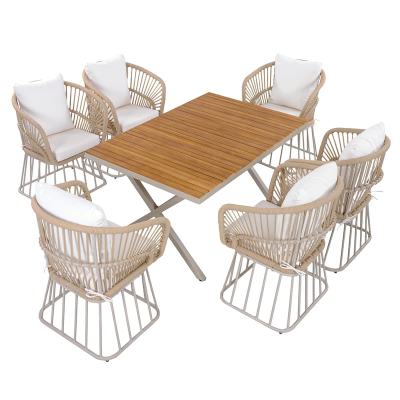 Christopher Knight Home - Outdoor Acacia Wood and Steel Dining Set with Wicker Weave Chairs & 55.12" Rectangular Dining Table