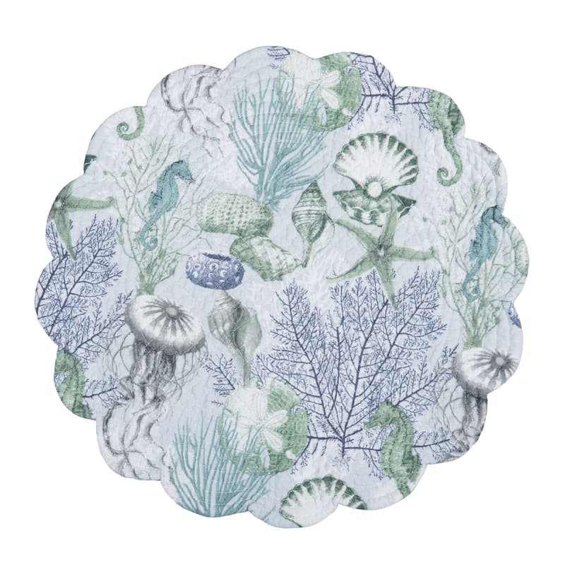 Shoreline Waters Scalloped Round Placemats Set of 6 Nautical Design Coral, 17"