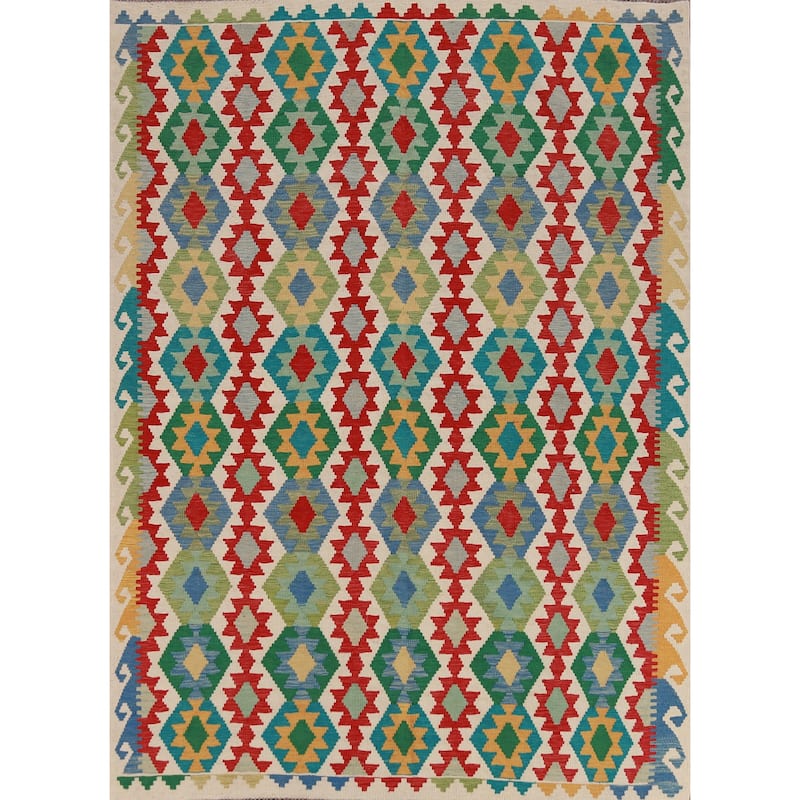 Hand Woven Oriental 100% Wool Carpet Southwestern Geometric Multi-Colored Kilim Area Rug - 8' 5'' X 6' 0''