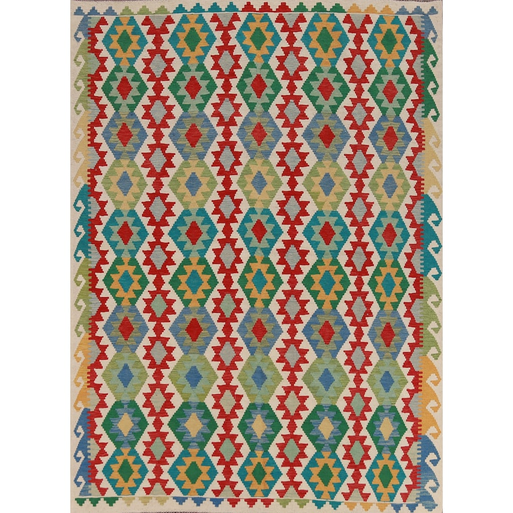 Hand Woven Oriental 100% Wool Carpet Southwestern Geometric Multi-Colored Kilim Area Rug - 8' 5'' X 6' 0''