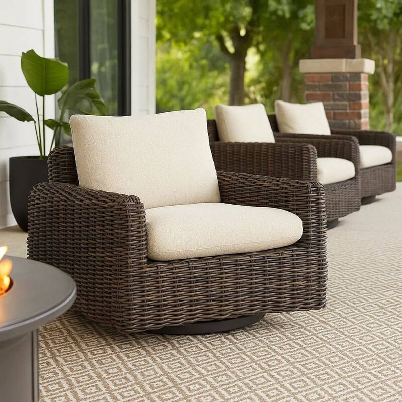 Kimo Outdoor Swivel Glider Lounge Chair, Beige, Dark Brown Metal