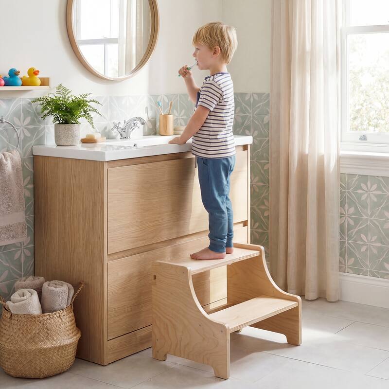 Gymax Foldable Toddler Step Stool Wooden Kitchen Standing Tower w/ - Natural