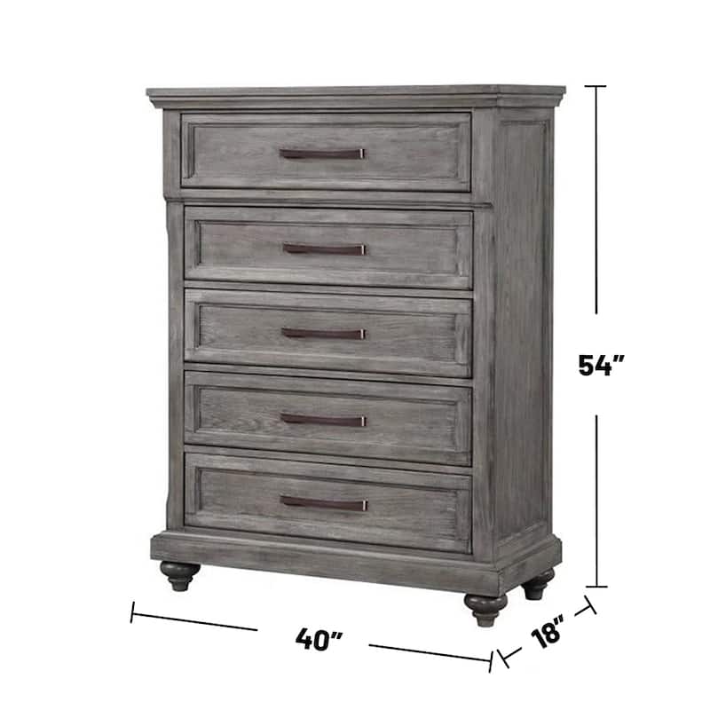 5 Drawers Wooden Chest with Turned Bun Legs in Gray