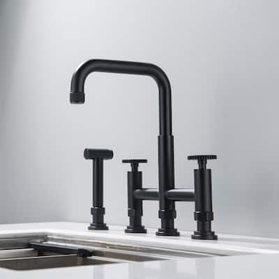 4 Hole Industrial Bridge Kitchen Faucet with Side Sprayer Commercial Stainless Steel Kitchen Sink Faucet 360 Degree Swivel
