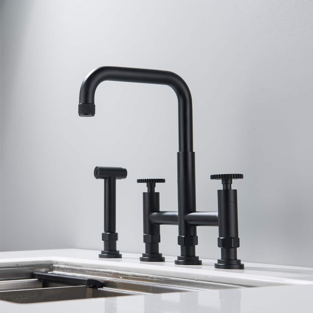 4 Hole Industrial Bridge Kitchen Faucet with Side Sprayer Commercial Stainless Steel Kitchen Sink Faucet 360 Degree Swivel