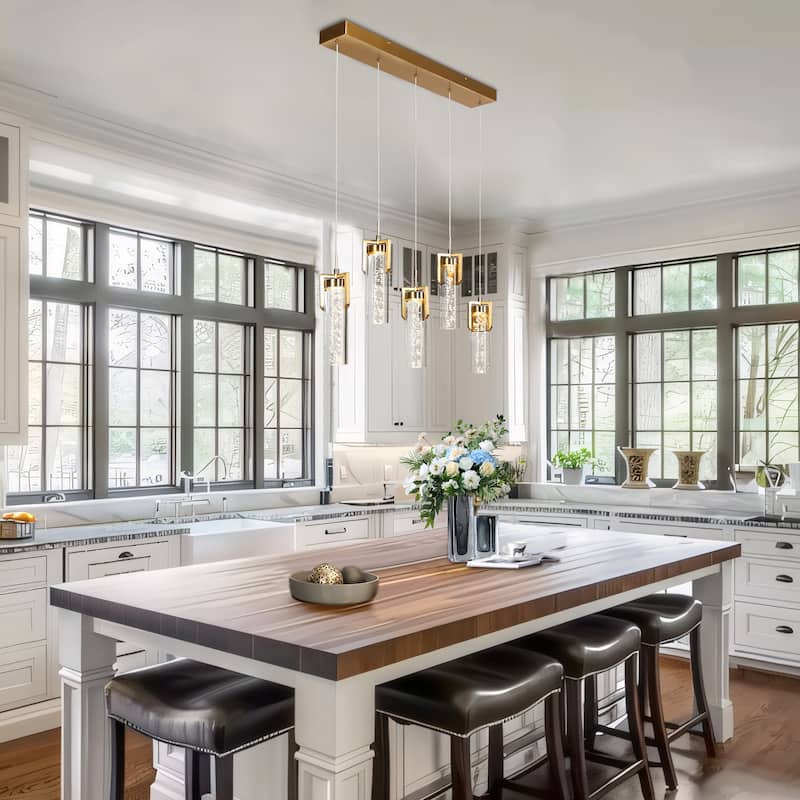 Modern 5-Light Fixture Gold Brass Linear LED Chandelier Acrylic Kitchen Island Light for Dining Room - 28.9" × 10.6" × 4.3"