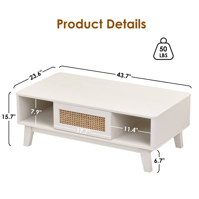 Wooden Cocktail Table Sofa Table, Coffee Table with Rattan Drawer, Modern Accent Table with Wood Legs