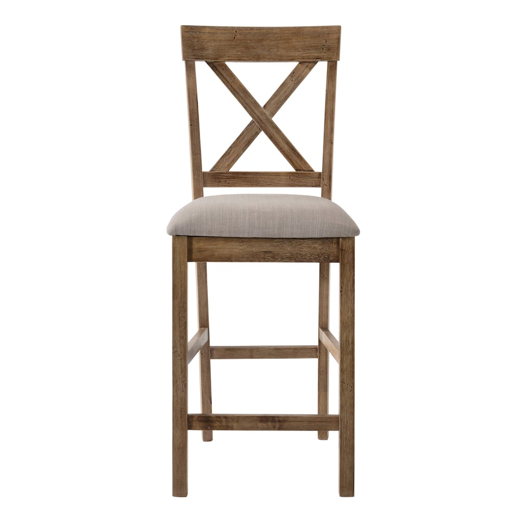 Linen Upholstered Bar Stools Set of 2, Wood Counter Height Bar Stools, Kitchen Island Chairs with Cross Back & Footrest