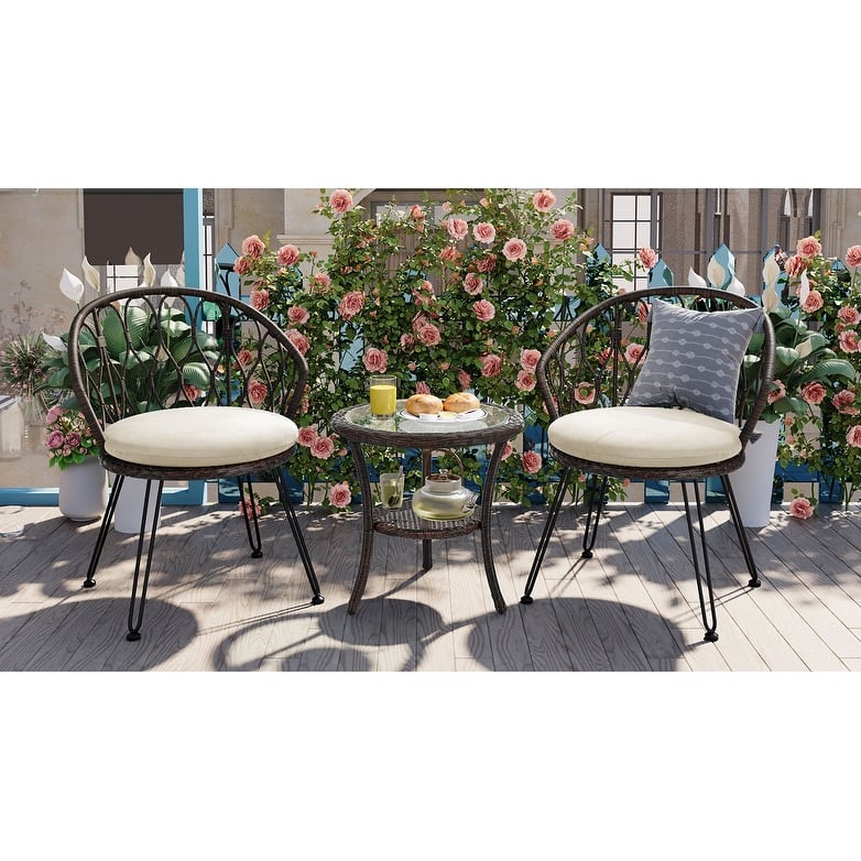 Outdoor Leisure Set, 2 Rattan Single Chairs with 1 Glass Round Table