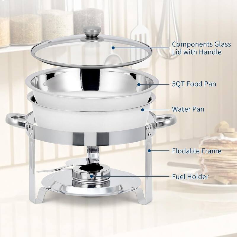 5 Qt Round Stainless Steel Chafer Set with Glass Lids
