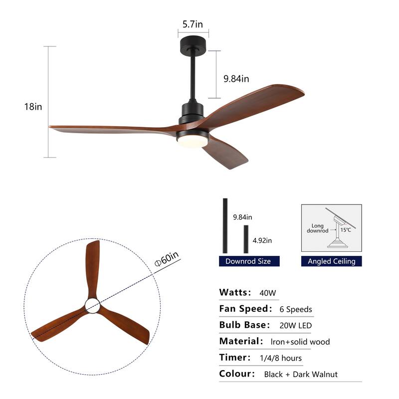60 Inch Modern Black Ceiling Fan With Light 3 Solid Wood Blades Remote Control Reversible DC Motor With Dimmable LED