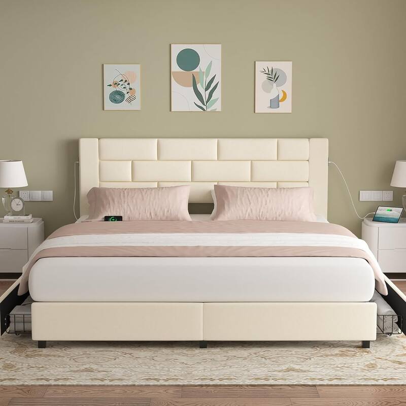 VECELO Upholstered Storage Bed Frame with 2 Side USB Ports and 4 Big Space Drawers, Velvet Headboard and Charging Station-Ports
