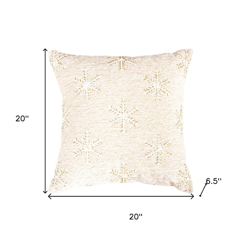 20" Natural And Gold Snowflakes Christmas Throw Pillow With Embroidery