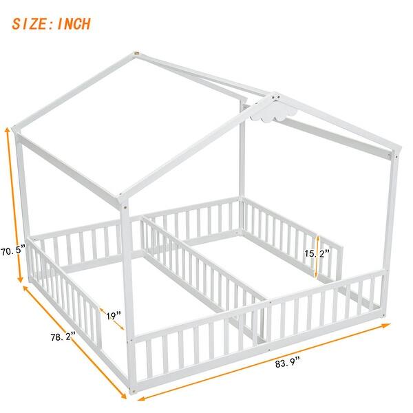 House-Style Double Twin Size Floor Bed with Fence, Guardrails, without Door
