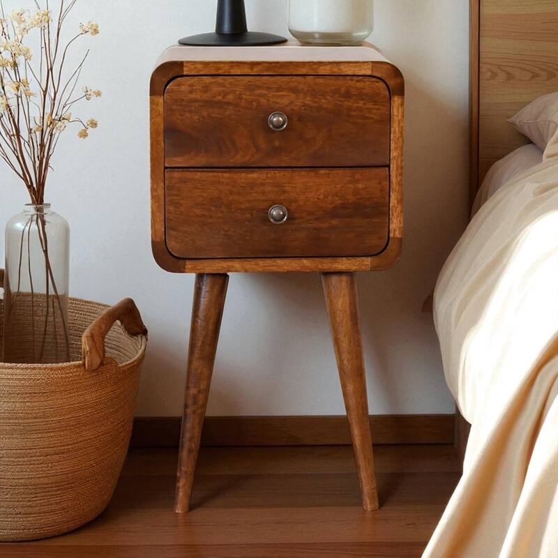 Mini Curved Nightstand with 2 Drawers in Chestnut Brown - beige brown