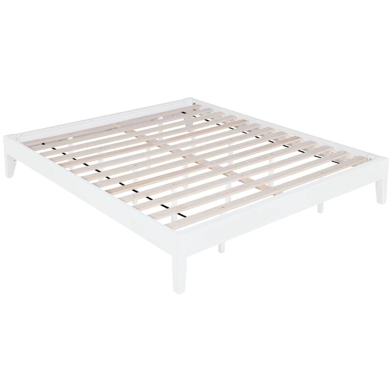 Universal White Eastern King Platform Bed with Slatted Frame and Customizable Headboard