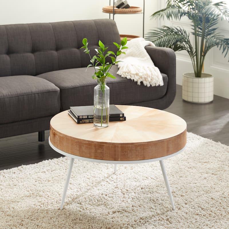Wood Coffee Table with White Metal Tripod Legs - Brown - Roche River Decor - 32"W x 32"L x 18"H