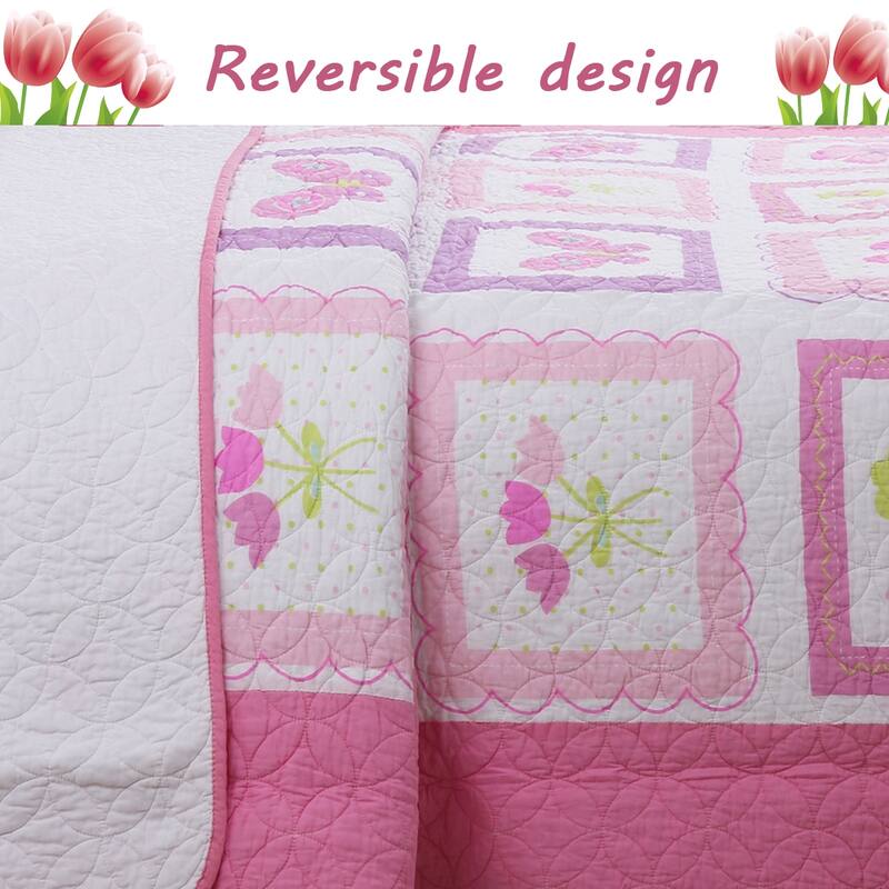 Butterfly Flower Twin 4-Piece Quilt Set with Decorative Pillows