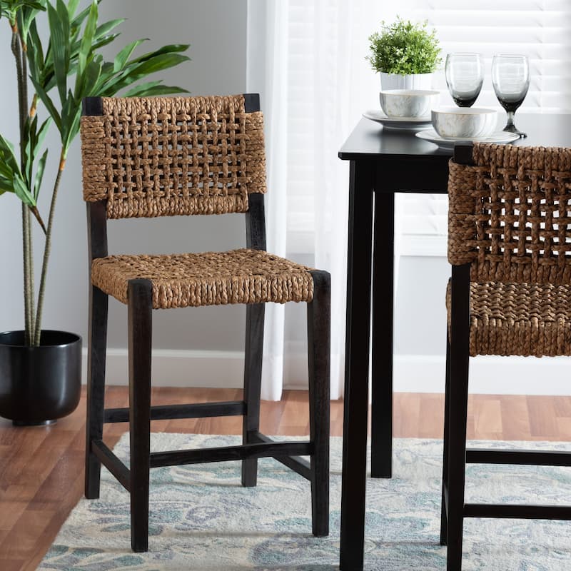 Alise Handwoven Seagrass Counter Stool with Mahogany Wood - Counter-Height Chair for Kitchen Island or Home Bar