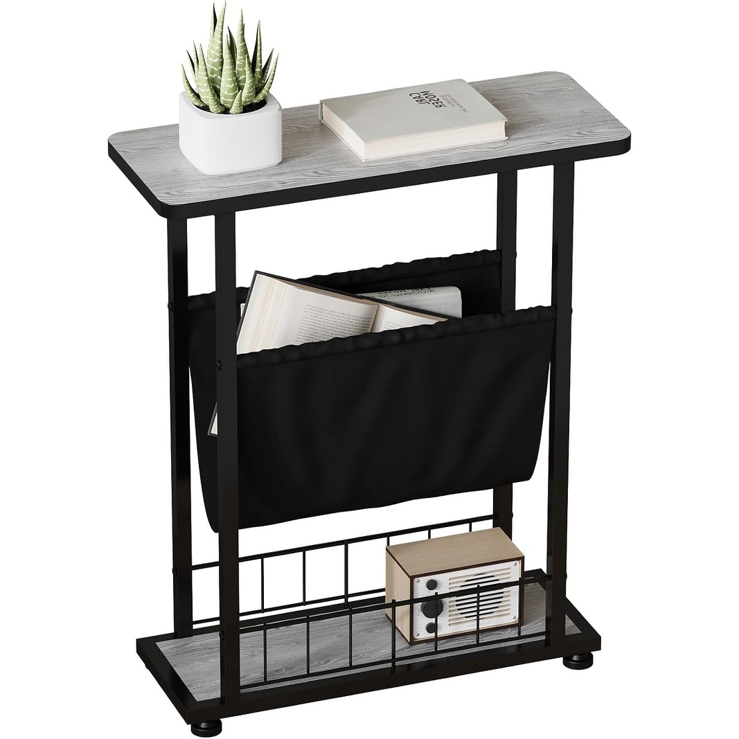 3-Tier Slim Side Table for Small Spaces with Storage, Modern Narrow Nightstand (Grey)