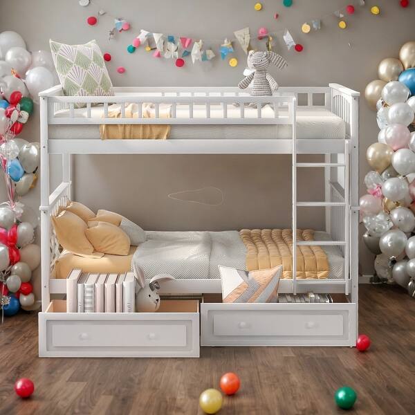 slide 2 of 8, Minimalist Style Twin over Twin Bunk Bed with 2 Drawers and Fence-shaped Guardrail, Convertible Beds, Versatile Usage, White White
