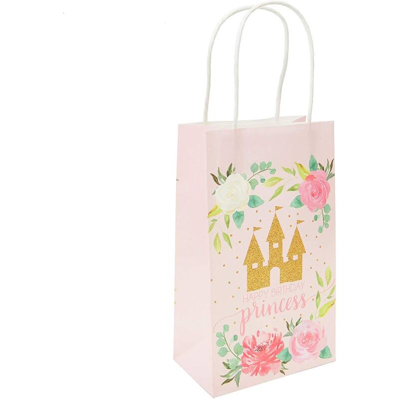 Blue Panda Pink Princess Castle Paper Birthday Party Gift Bags (9 x 5.3 In, 24 Piece)