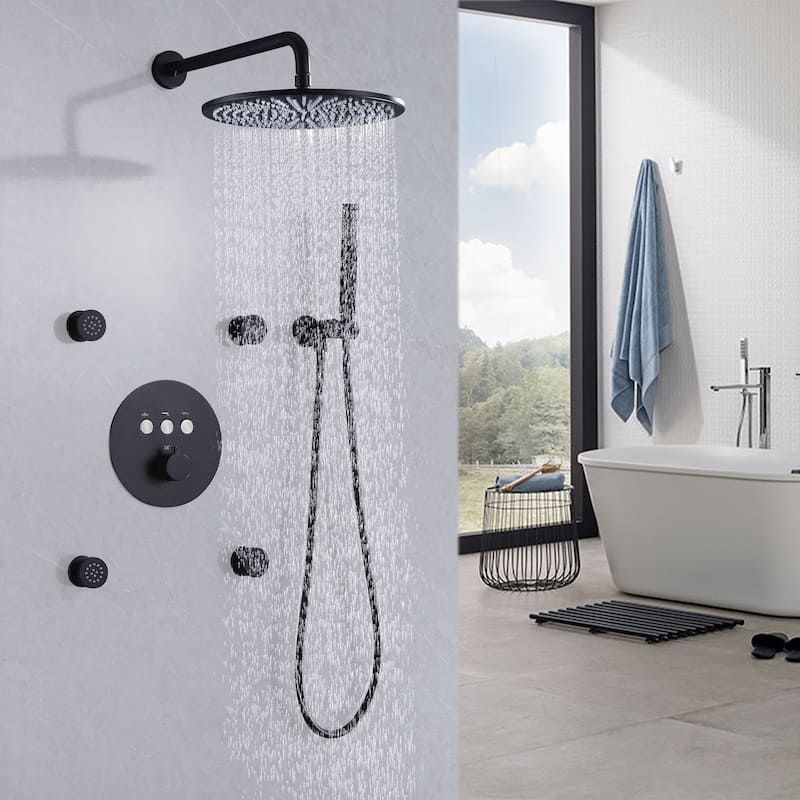 3-Way Complete 12'' Rain Shower System with 4 Body Jets and High-pressure Handheld Shower Head in Black/Nickel/Chrome, Wall