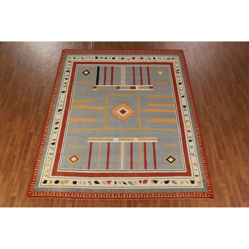 Hand Knotted Oriental 100% Wool Carpet Modern Geometric Greys & Charcoal Gabbeh Area Rug - 9' 11'' X 8' 1''