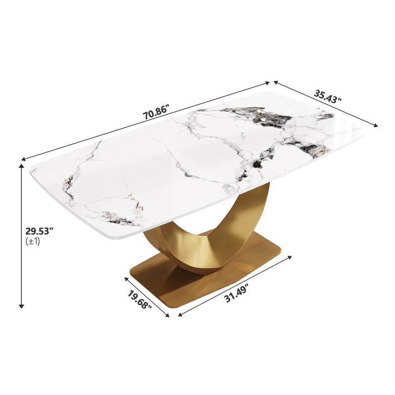 Modern Rectangle Marble Dining Table for 6-8, Marble Kitchen Dinner Table with Gold Finish Metal Base